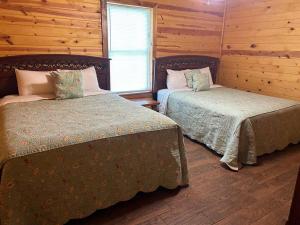two beds in a room with wooden walls at Solarium Deluxe Cabin #19 on Patoka Lake in Southern Indiana in Seymour