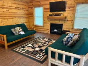 a living room with a green couch and a fireplace at Solarium Deluxe Cabin #19 on Patoka Lake in Southern Indiana in Seymour