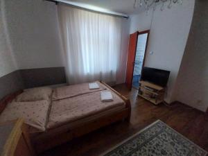 Habitación pequeña con 2 camas y TV. en Lipták Vendégház en Tokaj