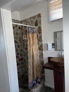 a bathroom with a shower curtain and a sink at Montete Cottages in Choiseul