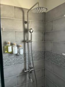 a shower in a bathroom with a shower head at Paris' -Oasis in Discovery Bay