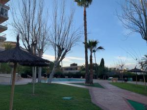 un parque con palmeras y sombrilla en Apartamento moderno y coqueto en playa San Juan, en Alicante