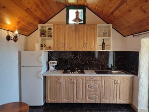 a kitchen with wooden cabinets and a white refrigerator at House Galisnjak with jacuzzi in Bol