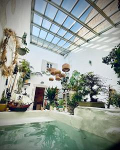 um quarto com uma piscina de água com vasos de plantas em Chic & Bohème Proche Avignon em Vedène
