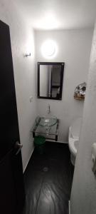 a bathroom with a sink and a toilet and a mirror at Hotel Paradise Lleras in Medellín