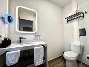 ein Badezimmer mit einem Waschbecken, einem WC und einem Spiegel in der Unterkunft Val'Quirico Lucca 84 Loft Toscano in Santeagueda