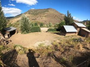 a shadow of a person standing in a field with a mountain at CABAÑA ABRA ANCHA in Aluminé