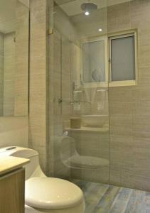 ein Bad mit einem WC, einem Waschbecken und einer Dusche in der Unterkunft Apartamento frente al Mar Cartagena in Cartagena de Indias