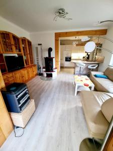 a living room with a couch and a tv and a kitchen at Ferienwohnung im Grünen am Rande von Dresden in Radeberg