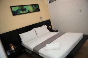 um quarto com uma grande cama branca e 2 almofadas em Green Hotel Medellin em Medellín