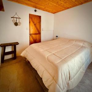 a bedroom with a bed and a wooden door at Hostal del río in El Bolsón