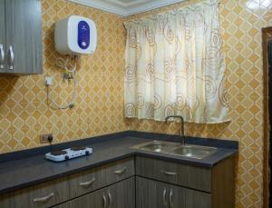 - une cuisine avec un lavabo et un rideau de douche dans l'établissement STEPMENS GUEST HOUSE, à Botianaw