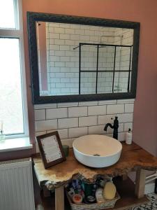 W łazience znajduje się umywalka i lustro. w obiekcie Salisbury Guest House - Free Parking w mieście York