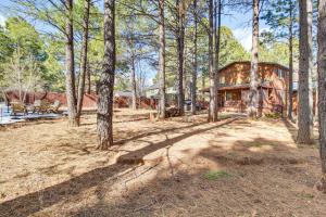 una casa en el bosque con árboles y una casa en Spacious Pinetop Cabin with Private Yard and Hot Tub!, en Indian Pine