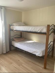 two bunk beds in a room with a window at Dpto. Con excelente ubicación in Santiago