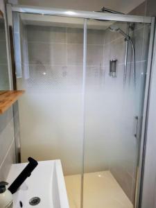 een douche met een glazen deur in de badkamer bij La promesse - T2 Hyper centre in Abbeville