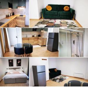 een collage van foto's van een kamer met een groene bank bij La promesse - T2 Hyper centre in Abbeville