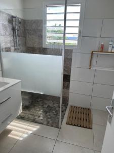 a white bathroom with a shower and a window at Kama in Sainte-Luce +10 photos