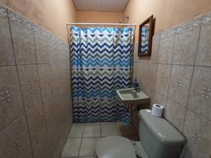 a bathroom with a shower and a toilet and a sink at Ometepe House in Moyogalpa