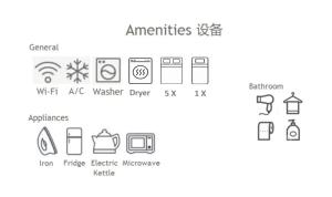 um diagrama de diferentes ícones num fundo branco em Hongdae Luxury Private Single House with Big Open Balcony Perfect for a Family & Big Group 3BR, 5QB & 1SB, 2Toilet em Seul