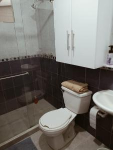y baño con aseo, ducha y lavamanos. en HABITACION CERCA AL AEROPUERTO, en Pereira