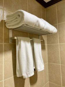 a group of towels on a rack in a bathroom at Plaza Del Norte Hotel and Convention Center in Laoag