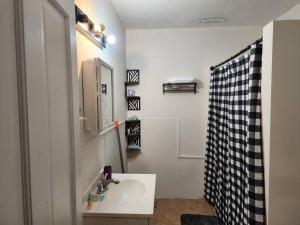 een badkamer met een wastafel en een zwart-witte douche bij spacious and indulging in Meriden