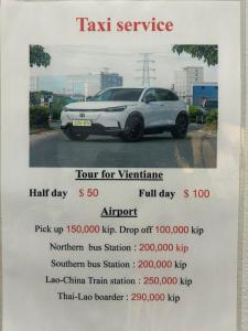a flyer for a taxi service with a white car at Batman guesthouse in Vientiane