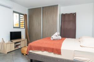 - une chambre avec un grand lit et une télévision dans l'établissement Heireva Cosy & Modern Studio Perfect for Explorers and Business Travelers, à Papeete