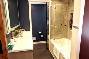 La salle de bains est pourvue d'un lavabo et d'une douche. dans l'établissement Walkable Elmwood Cottage, No Chores 4Bath 4BR 4Car, à Buffalo