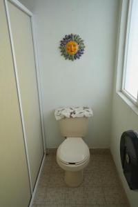 a bathroom with a toilet with a pumpkin on the wall at Hostal Casa Del Sol Comitan in Comitán de Domínguez