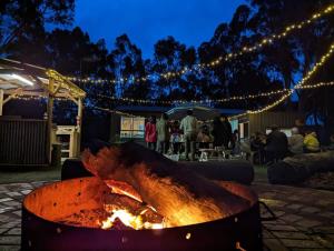 a fire pit with a piece of meat in it at night at Tiny House 22 at Grampians Edge in Dadswells Bridge