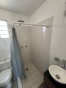 een badkamer met een douche, een toilet en een wastafel bij Casa con todos los servicios in Concepción del Valle