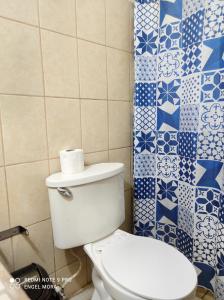 een badkamer met een toilet met blauwe en witte tegels bij Ometepe House in Moyogalpa
