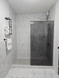 a shower with a glass door in a bathroom at Skywin Airbnb - 1 Bedroom Apt&Sofa Bed - HWT, KGN in Camperdown