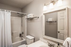a bathroom with a sink and a toilet and a mirror at Cozy Townhome with Wildlife Views! 5-min walk to Midtown! Modern Look in Ruidoso +17 photos
