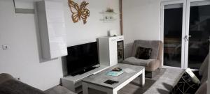 a living room with a tv and two chairs and a table at Vikendica VILLA A1 in Banja Luka