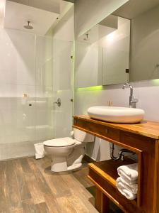 uma casa de banho com um WC, um lavatório e um chuveiro em Hotel Plaza D Armas em Querétaro