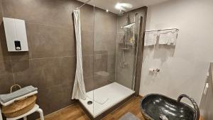 a bathroom with a shower with a sink and a toilet at Steingaden-Urspring Ferienwohnung Bergzeit im Fuchsbau in Steingaden +12 photos