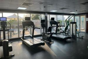 a gym with several tread machines in a room with windows at Manzil - 1BR in Fairways West with Golf Course View in Dubai