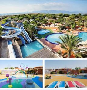 un collage de tres fotos de un parque acuático en Mobil home Canet Roussillon 4 étoiles le Mar Estang 8 pers en Canet-en-Roussillon
