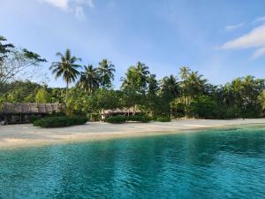 an island with palm trees and a beach with turquoise water at Leleu Mentawai Accommodation in Tua Pejat