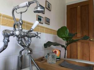 um balcão de cozinha com um microfone e um lavatório em Elegant, quirky home in up-and-coming Wolverton em Wolverton