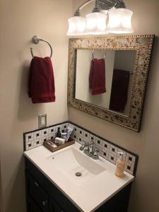 a bathroom with a sink and a mirror and red towels at St Louis House near Arch and Ballpark Village in Soulard