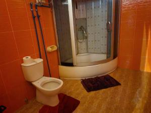 a bathroom with a shower and a toilet in it at Monteiro Paradise Guest House in São Tomé