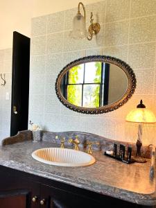 a bathroom sink with a large mirror above it at The Boston Ivy 1880 - The Residence in Mittagong