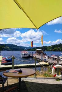 a table with an umbrella next to a river with boats at Ferienwohnung Waldkäuzle27 in Lenzkirch