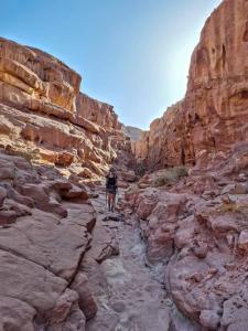 una persona está caminando por un cañón rocoso en Adventure camping - Organized Trekking from Dana to Petra en Dana