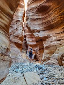 una persona parada en un cañón tragamonedas en Adventure camping - Organized Trekking from Dana to Petra, en Dana