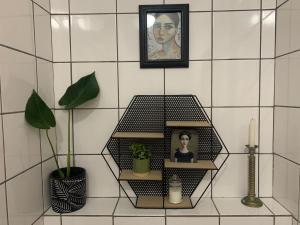 a shelf on a wall with a picture and plants at Strand Stay Cottage in Strand +24 photos